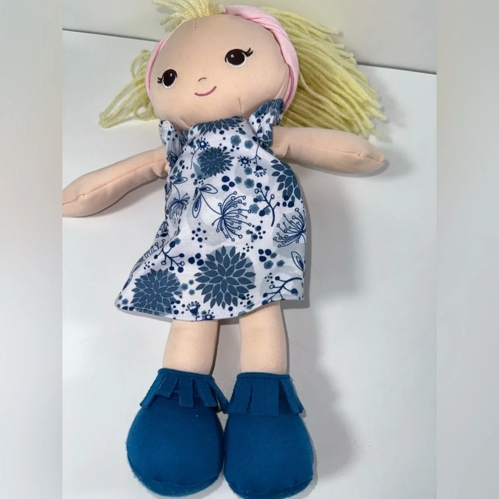 GUND Baby Toddler Doll Plush Blonde, blue floral Dress, 8